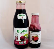 high blood pressure remedy–bottles of beet juice, Biotta and Brownwood Acres brands