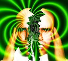 illustration of a head splitting in two with green waves of pain radiating out