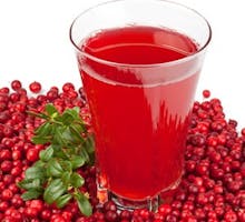 Fresh cranberries and cranberry juice in a glass