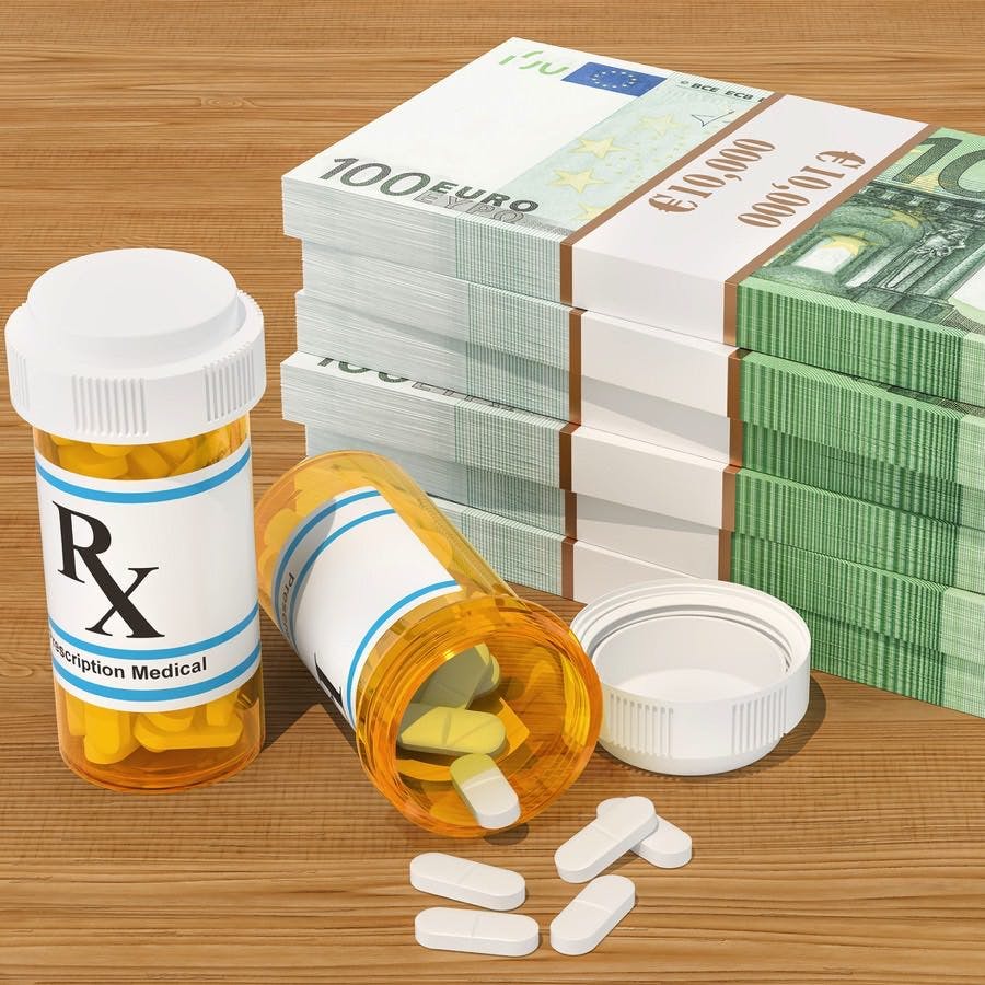 Cost of medications and medical treatment concept. Drugs and euro packs. 3D rendering
