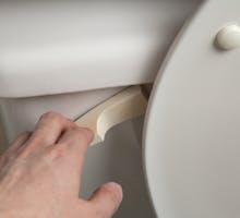 Left hand reaches to flush the toilet