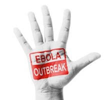 hand raised with ebola outbreak written on a warning label