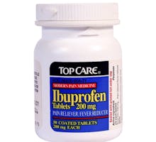 A bottle of TopCare Ibuprofen Tablets, 200mg dosage