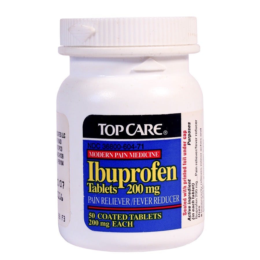 A bottle of TopCare Ibuprofen Tablets, 200mg dosage