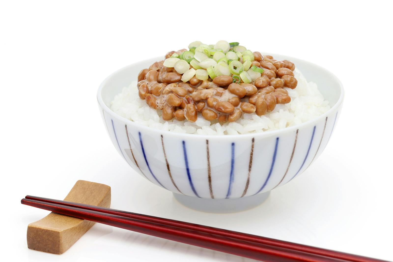 a bowl with rice and natto, fermented beans linked to longer life in Japan