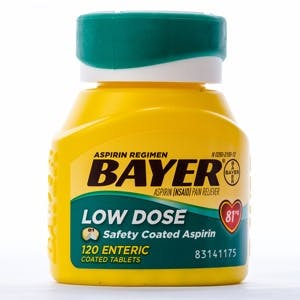 Bottle of Bayer Low Dose Aspirin (baby aspirin) 81 mg