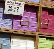 Traditional Marseille soap also called Savon de Marseille put up for sale at the market