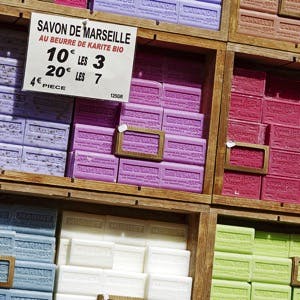 Traditional Marseille soap also called Savon de Marseille put up for sale at the market