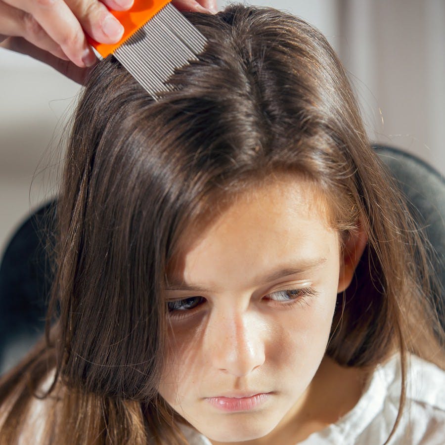 Mother treating daughter&#8217;s hair against lice at home
