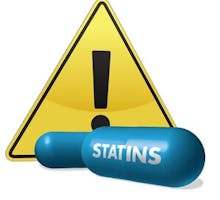 Statin pills and a warning sign, 3D graphic
