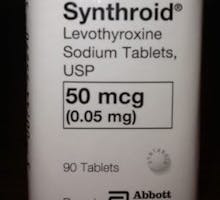 a bottle of Synthroid (Levothyroxine) 50 mcg, take Synthroid
